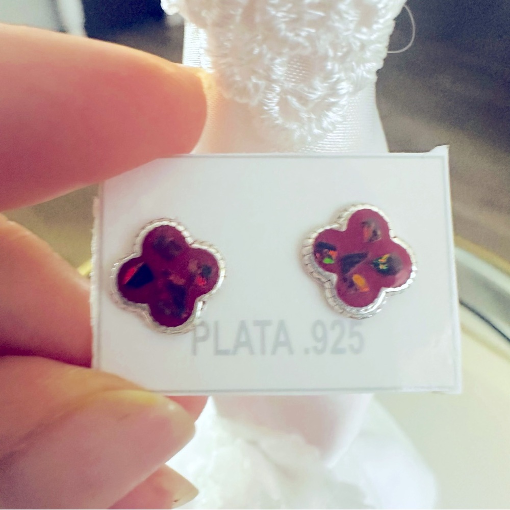 Sterling Silver 925 Pair Earrings Lucky Red Floral & Silver Colors